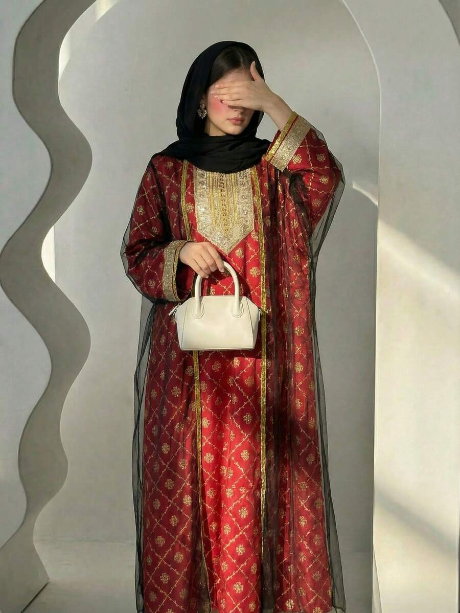 少女网纱长袖外套和印花长袖连衣裙套装 - 紅色 - 查看 1