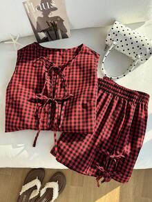 Comfortcana Bộ đồ mùa hè cỡ lớn kẻ caro đỏ trắng gồm áo và quần short buộc 3 nơ phía trước, gồm 2 món. - Đỏ - Xem 6