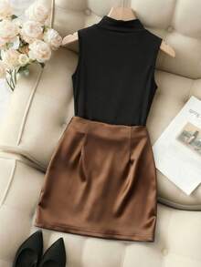 Franclia 时尚高领无袖修身背心 + 时尚不对称亮面百褶紧身迷你裙，高腰修身百褶性感女士两件套，春夏款 - 棕色 - 查看 2