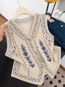 Franclia 新款中国风印花V领无袖纽扣衬衫，独特设计，多色女式衬衫，夏季款 - 米色 - 查看 1