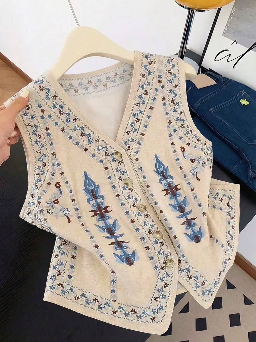Franclia 新款中国风印花V领无袖纽扣衬衫，独特设计，多色女式衬衫，夏季款 - 米色 - 查看 1