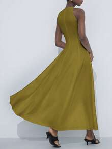 Aveloria Modichic Elegante vestido maxi de línea A con cuello redondo sin mangas, hombros asimétricos, cintura ceñida y volantes plisados exagerados para mujeres - Verde Oliva - Ver 2