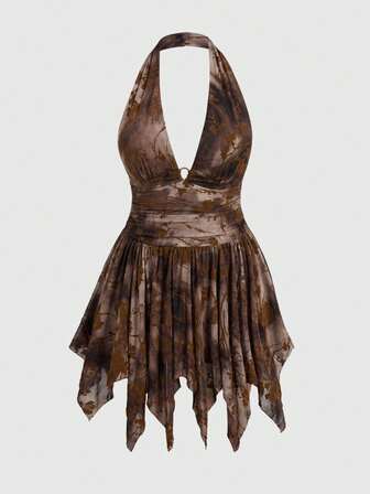 Hippie Robe dos nu décolletée sexy avec motif tie-dye floqué, grande taille