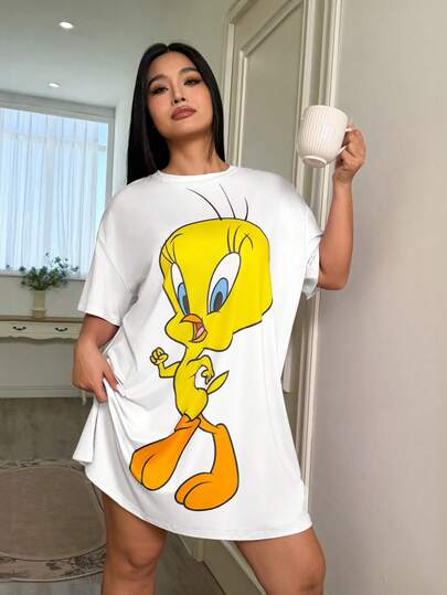 LOONEY TUNES X SHEIN Große Größen Lässig Cartoon Muster Rundhals Drop-Shoulder Nachthemd, Sommer