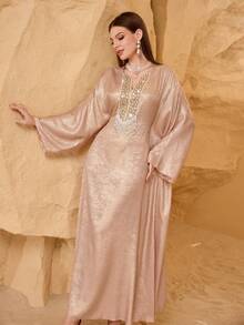 Al Najma Women's Shiny Embroidered Beaded Long Robe, Loose And Slimming, Elegant Party Robe Kaftan Jalabiya Dress - Pink - View 7