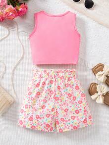 2pcs Young Girls Casual Sleeveless Top & Striped Shorts Set, Bow Design - Pink - View 2