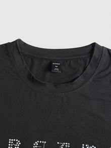 ROMWE MEN Camiseta de hombre de cuello redondo y manga corta con adornos de strass con luna y estrellas - Negro - Ver 4