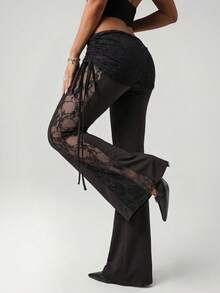 SHEIN ICON 女士黑色蕾丝侧拼接腰部抽绳喇叭裤，性感度假风