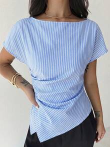 Firerie 休闲优雅条纹不对称下摆衬衫，适合通勤、日常休闲、时尚商务穿着/秋季/返校/教师/外出上衣，适合春、夏、秋、冬四季，优雅、度假、波西米亚风、工作装 - 藍白色 - 查看 7