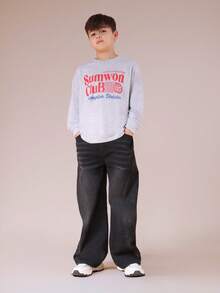 SUMWON Boys Long Sleeve Crew Neck T-Shirt With Club International Champion Division Graphic Print Casual Cotton Tee - Grey - View 3