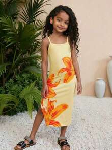 Girls Yellow Vacation Cami Graphic Floral Print Polyester Split Long Summer Dress - Yellow - View 7