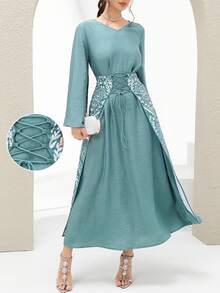 Al Najma Đầm nữ cổ chữ V in hoa buộc eo tay loe phong cách Ả Rập thanh lịch, kín đáo, thích hợp cho các buổi hẹn hò và kỳ nghỉ - màu xanh lá - Xem 2