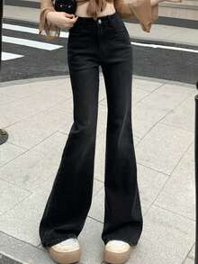 DAZY Women's Cat Whisker Korean Style Flared Washed Denim Jeans - Black - View 4