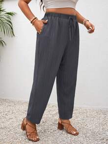SHEIN Frenchy Plus Size Vacation Solid Color Knotted Casual Pants With Pockets - Dark Grey - View 2