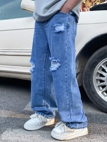 SHEIN Tween BoyBlue Distressed Loose Straight Leg Jeans - Blue - View 3