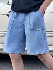 SHEIN Tween Boy Fashion Homecoming Streetwear Mix And Match Versatile Design Vintage Cool Street Drawstring Design All-Elastic Waistband Blue Loose-Fitting Denim Shorts For Dailywear And Spring To Summer Rave Festival And Streetwear Summer Shorts Jeans Short Baggy Jeans - Blue - View 3