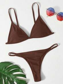 Swim Basics 2026新款女士泳装上市，纯色性感比基尼泳装套装，夏季沙滩棕色比基尼套装，棕色泳衣，女士纯色比基尼套装，素色比基尼，V领比基尼 - 咖啡棕 - 查看 1