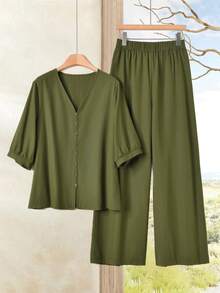 Rusticease 2件套女士圆领纯色无袖上衣和印花长裤休闲度假套装，女装套装 - 軍綠色 - 查看 1