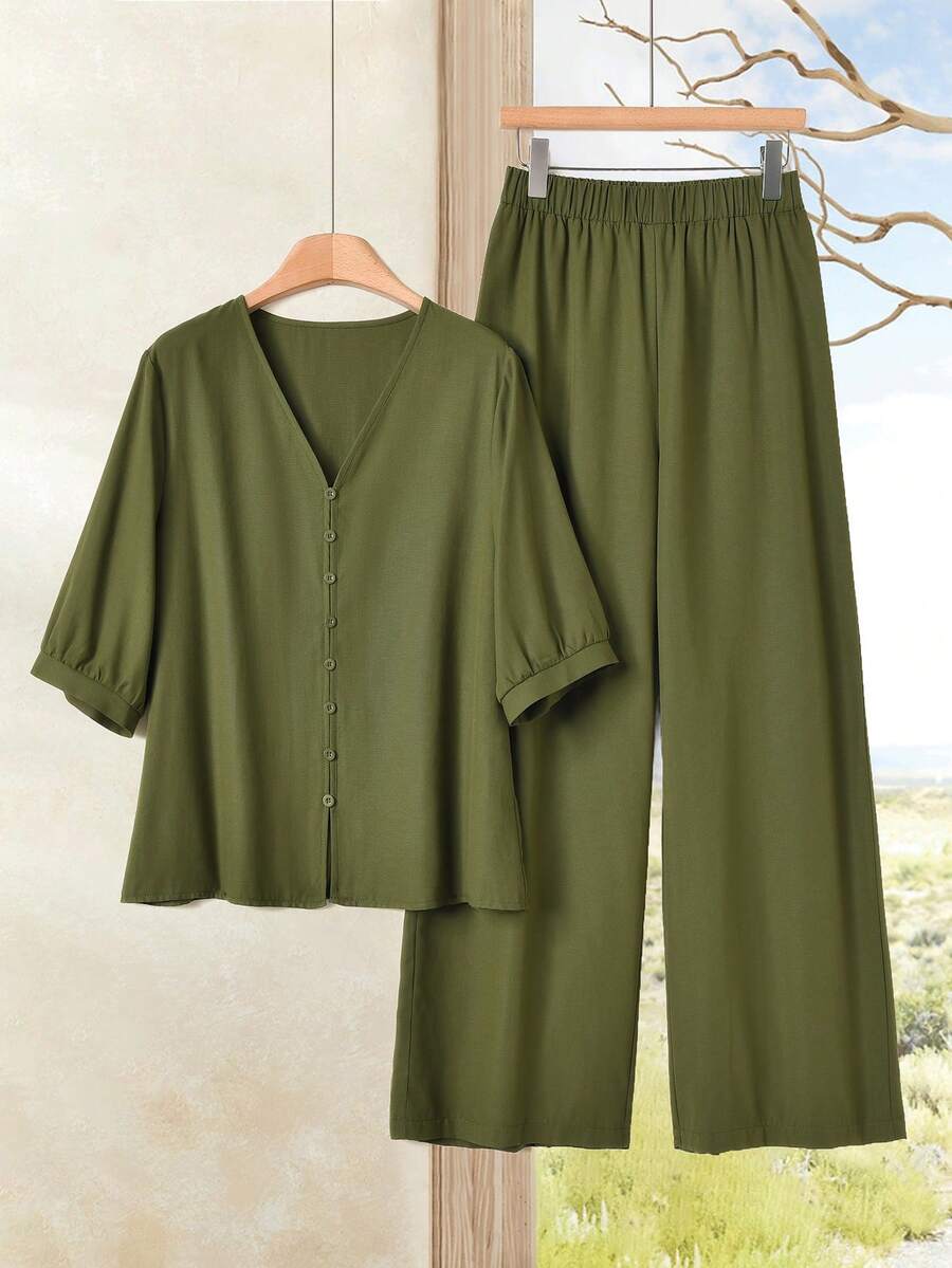 Rusticease 2件套女士圆领纯色无袖上衣和印花长裤休闲度假套装，女装套装 - 軍綠色 - 查看 1