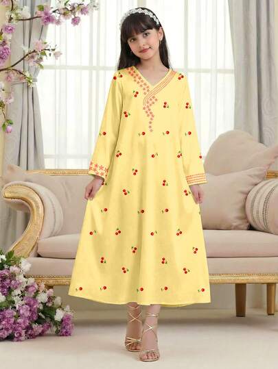 Teen Girl Classic Cherry Print Casual Dress, Suitable For Autumn/Winter Traditional Middle Eastern Arabic Dress Cute Cherry Blossom Print Dress