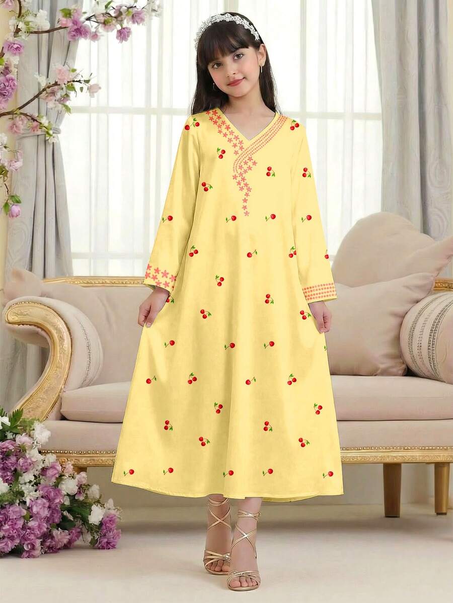 Teen Girl Classic Cherry Print Casual Dress, Suitable For Autumn/Winter Traditional Middle Eastern Arabic Dress Cute Cherry Blossom Print Dress - Multicolor - View 1