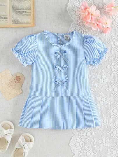 SHEIN Baby Girl Blue Striped Dress With Bow Decor, Cute & Sweet, Pleated Hem For Fashionable Look, Elegant Striped Dress