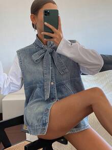DAZY Women's Loose Denim Vest With Strap Design - Blue - View 4