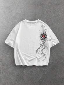 ROMWE MEN Goth 男士休闲心形荆棘印花短袖白色T恤，时尚百搭，适合日常通勤和夏季穿着 - 白色 - 查看 9