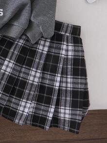 SHEIN 女童时尚宽松休闲翻领上衣 + 条纹格纹百搭A字裙，学院风 - 灰色 - 查看 4