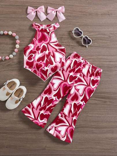 SHEIN 女婴休闲翻领无袖不对称下摆爱心印花背心和喇叭裤套装