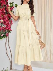 Mulvari Women's Solid Color Stand Collar Short Puff Sleeve Ruffle Hem Elegant Arabic Style Dress French Style Dress Cottagecore Dress - Yellow - View 2