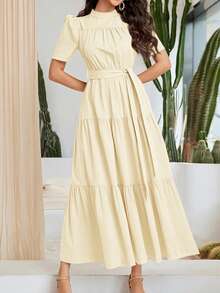 Mulvari Women's Solid Color Stand Collar Short Puff Sleeve Ruffle Hem Elegant Arabic Style Dress French Style Dress Cottagecore Dress - Yellow - View 6