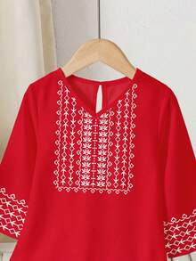 SHEIN Elegant Vintage Kaftan Robe For Baby Girl, Burgundy Red, Suitable For Spring/Summer And Festivals - Multicolor - View 5