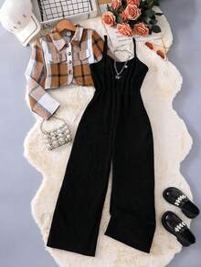Sparklyn 2pcs/Set Teen Girls' Plaid Long Sleeve Jacket And Black Jumpsuit Outfits For Autumn - Multicolor - View 1