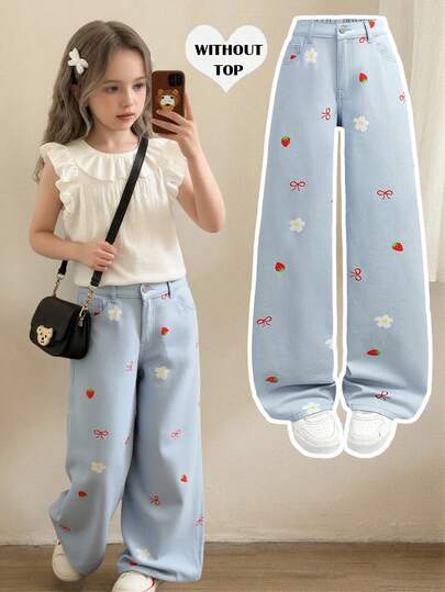 SHEIN Teen Girl Light Wash Blue Strawberry Heart Print Denim Straight Leg Jeans, Comfortable Sweet Casual Vacation School Style, Suitable For Everyday Wear, Campus Casual, Back To School Season, Travel And Leisure Strawberry Summer Matching,Spring Summer