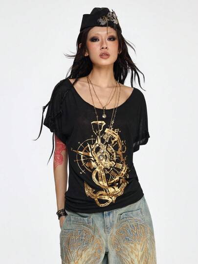 Grunge Punk Women's Casual Dark Romantic Punk Pirate Ship Anchor Letter Print Oversized Scoop Neck Batwing Short Sleeve T-Shirt, Summer