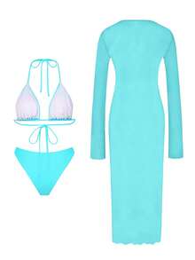 Bonvoyette Bộ bikini gợi cảm mùa hè dành cho nữ, màu trơn, kiểu cổ yếm xếp ly, kèm áo khoác ngoài. - Màu xanh nhạt - Xem 3