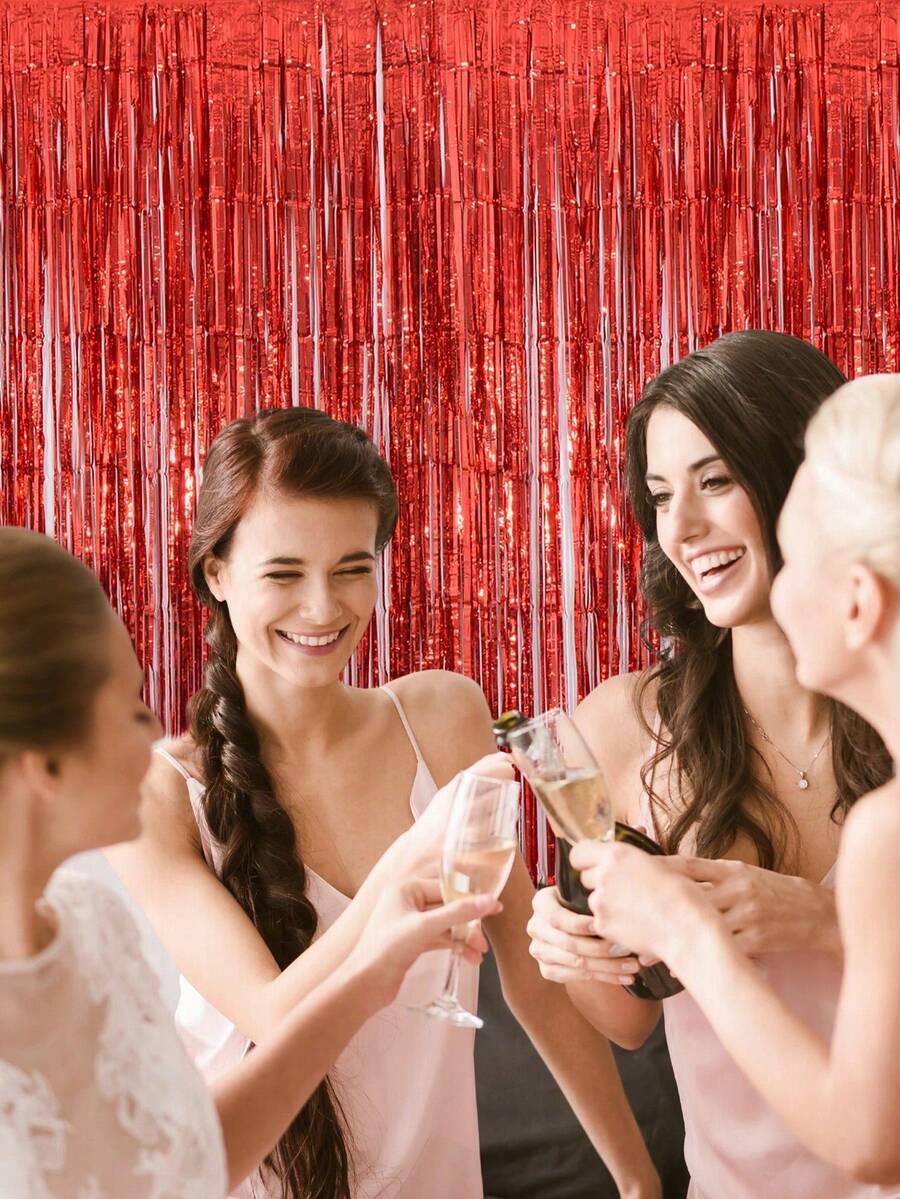 Red Aluminum Foil Fringe Curtains For Metal Photo Booth Background, Metal Wire Curtains Suitable For Wedding, Birthday, Bridal Gifts, And Bachelorette Party Decorations. - Red - View 1