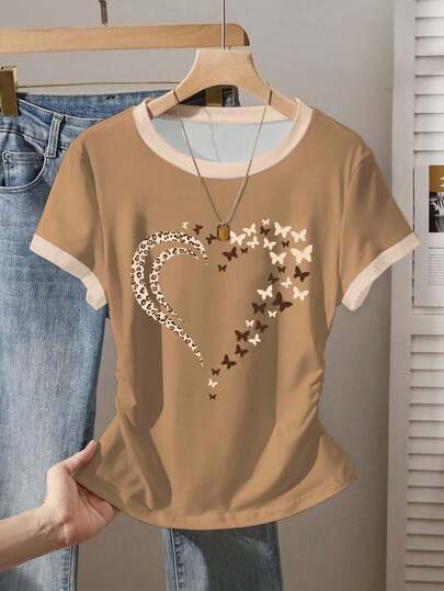EMERY ROSE Top corto casual de verano, diseño de bloques de color, estampado gráfico, estampado de leopardo, mariposa y corazón, diseño elegante, adecuado para citas, uso estudiantil, camiseta ajustada a la cintura, atuendo diario