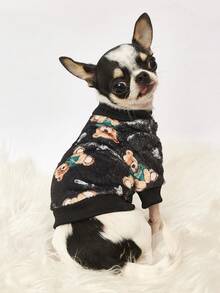 PETSIN 1 Printed Brown Bear Flannel Sweatshirt, Thick And Warm For Pets In Autumn And Winter, Black