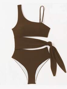 Swim Vcay 女士纯色镂空系带连体泳衣，适合海滩/度假穿着，棕色连体泳衣，镂空连体泳衣，棕色连体泳衣，曲线泳衣套装，全包覆泳衣，巧克力棕色连体泳衣，不对称镂空泳衣，单肩高衩泳衣，镂空连体泳衣，单肩泳衣，棕色比基尼侧镂空连体泳衣，度假风连体泳衣，2026夏季泳衣，显瘦泳衣，奢华度假装，度假必备 - 咖啡棕 - 查看 4