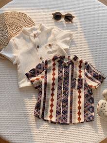 SHEIN Bộ 2 món áo sơ mi cổ trắng họa tiết mùa hè cho bé trai, thích hợp cho tiệc sinh nhật, tiệc tưng bừng, tiệc tối, biểu diễn, đám cưới, tiệc mừng em bé chào đời, lễ rửa tội và lễ kỷ niệm sinh nhật lần thứ nhất. - Nhiều màu - Xem 7