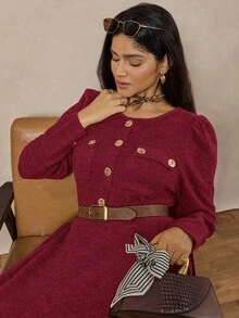 Zelara Elegant Formal Burgundy Autumn Vintage Coin Metal Button Embellished Plus Size Mid-Length Tweed Dress,Winter Classic Clothes For Women Outfit - Red - View 3