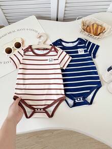 Playful Pals 两件套幼儿男童休闲条纹印花短袖连体衣，适合居家和户外玩耍，春夏款 - 彩色 - 查看 3