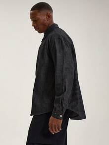 Musero Pinstripe Collared Long Sleeve Button Through Denim Jacket Shacket Style Jean Fabric Top Spring Summer - Black and White - View 3