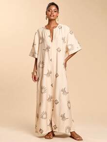 Travachic 女士度假棕榈树印花V领宽松罩衫连衣裙 - 彩色 - 查看 4