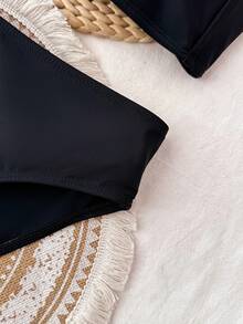 SHEIN Teen Girls' Black Cap Sleeve Simple Beach Vacation Swimsuit 2 Pieces Set, Spring/Summer - Black - View 8