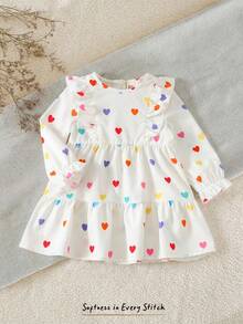 Cozy Pixies Baby Girl Heart Pattern Round Neck Ruffle Hem Waist Cinched Long Sleeve Dress, Suitable For Valentine's Day - White - View 9