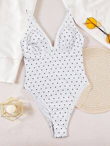 Bonvoyette-D Polka Dot Random Print Deep V Lace Trim Casual Elegant Beach Bikini One-Piece Swimsuit For Women, Spring/Summer - Black and White - View 4