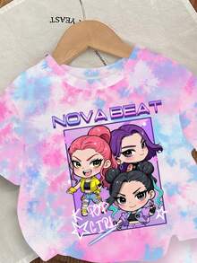 一套女婴休闲可爱韩系卡通扎染图案短袖针织T恤和配套扎染短裤套装，适合婴幼儿日常及假日穿着的舒适针织服装，运动时尚套装 - 彩色 - 查看 4